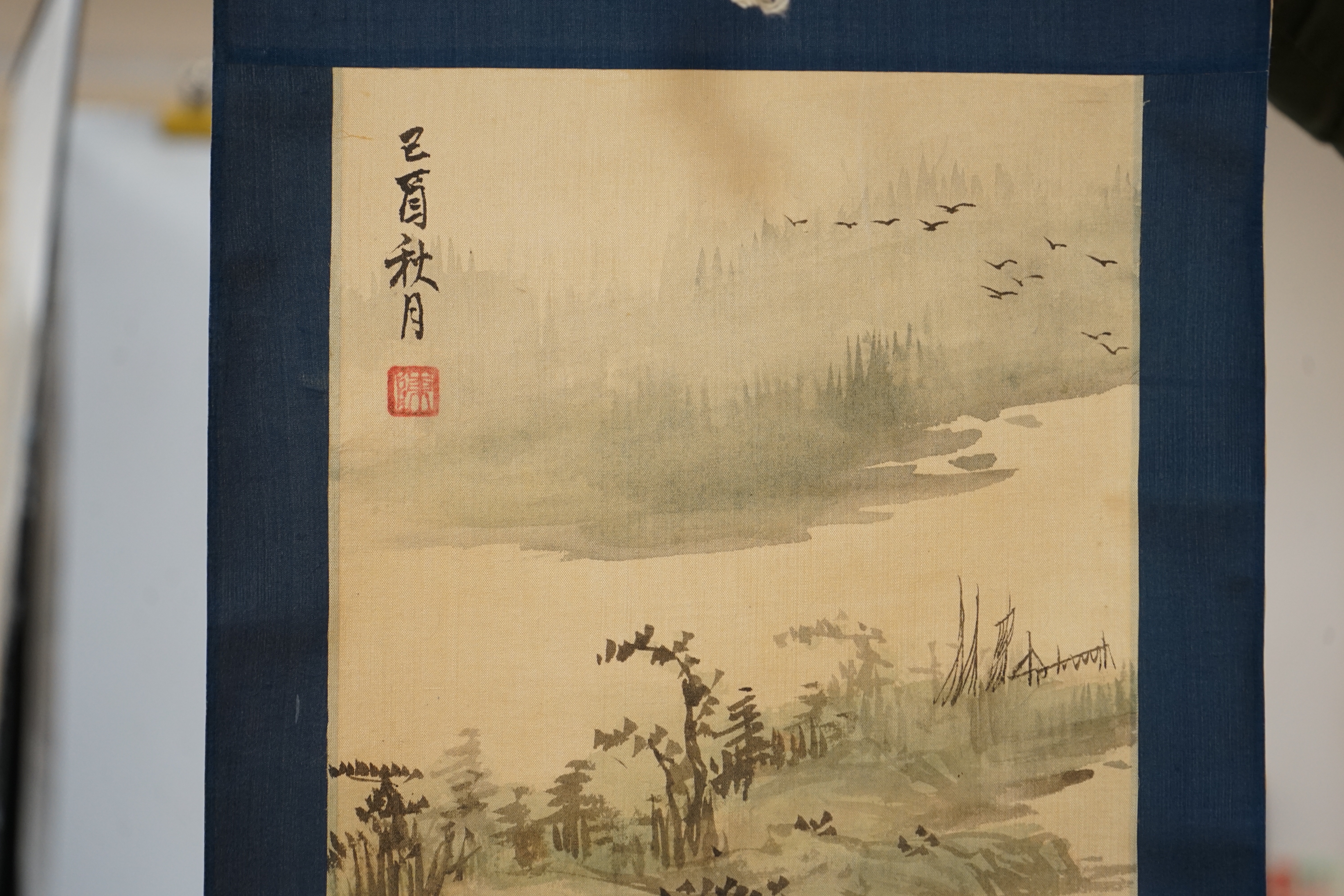 Two Chinese painted scrolls, one on silk, a female wearing a kimono and a landscape